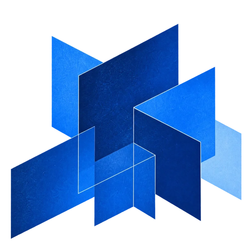 Layered blue architectural forms illustrating the Blutek Media studio