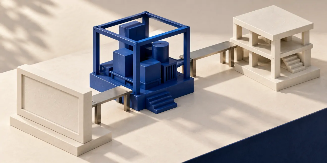 Blue modular platform connected by removable bridges to separate ivory interface and processing structures.