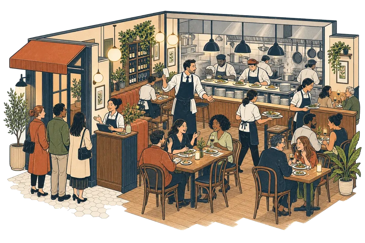 An illustrated restaurant shift from Job Challenge